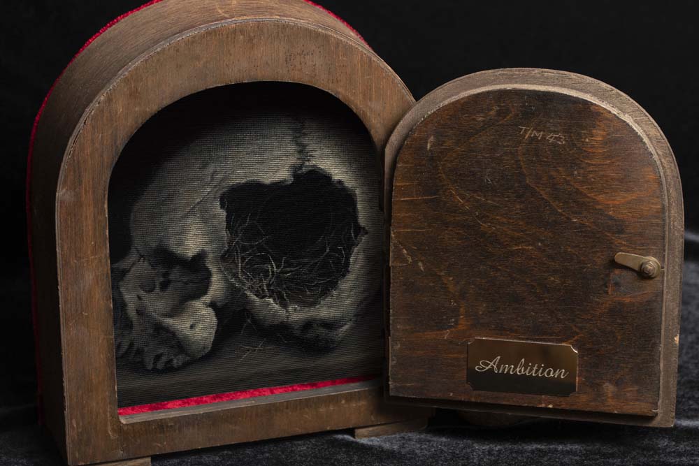 AMBITION oil on canvas panel set inside antique box 2021, approx 18x21cm (closed)