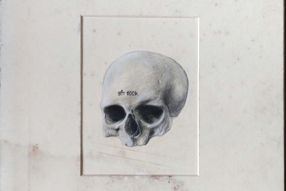 MEMENTO MORI (study) pencils on antique cardboard mount 2021, 44x50cm (framed)